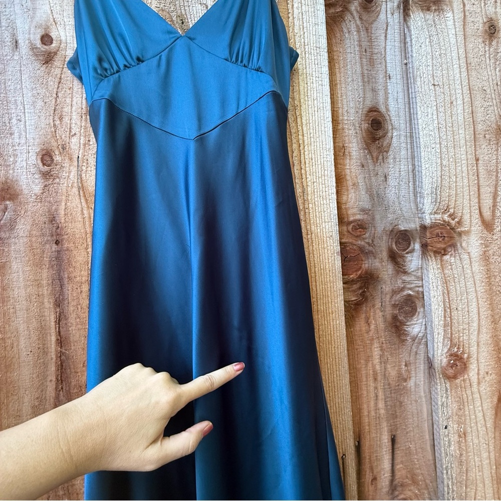 Peacock Teal Blue Satin Tie-Back Midi Slip Dress πΏ - Picture 8 of 10